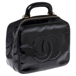 Pre Owned Chanel Black Patent Leather Vintage CC Vanity Case Top Handle Bag