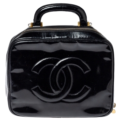 Pre Owned Chanel Black Patent Leather Vintage CC Vanity Case Top Handle Bag