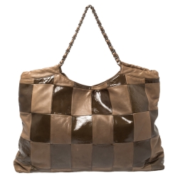 Pre Owned Chanel Brown Leather and Patent Leather Large Brooklyn Patchwork Cabas Tote 