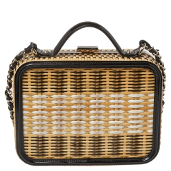 Pre Owned Chanel Beige/Black Rattan and Patent Leather CC Vanity Case Bag