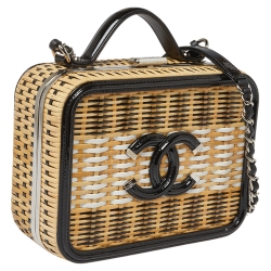 Pre Owned Chanel Beige/Black Rattan and Patent Leather CC Vanity Case Bag