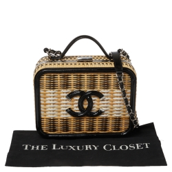 Pre Owned Chanel Beige/Black Rattan and Patent Leather CC Vanity Case Bag