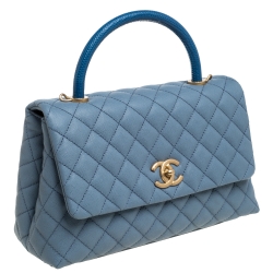 Pre Owned Chanel Blue Caviar Leather and Lizard Medium Coco Top Handle Bag