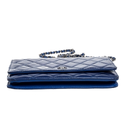 Chanel Blue Quilted Patent Leather Classic Wallet on Chain