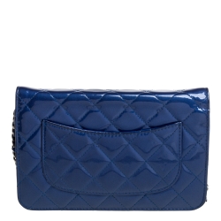 Chanel Blue Quilted Patent Leather Classic Wallet on Chain