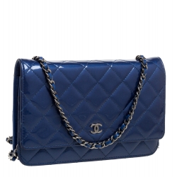 Chanel Blue Quilted Patent Leather Classic Wallet on Chain
