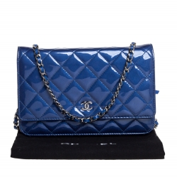 Chanel Blue Quilted Patent Leather Classic Wallet on Chain