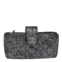 Pre Owned Chanel Silver/Black Shimmer Quilted Suede CC Phone Pouch 