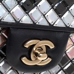 Pre Owned Chanel Black Leather New Mini Mosaic Embroidered Flap Bag