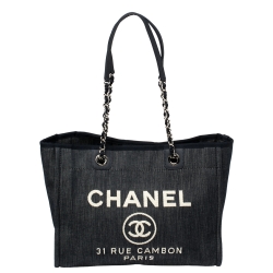 Pre Owned Chanel Navy Blue Denim Medium Deauville Shopper Tote