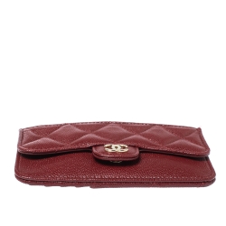 Pre Owned Chanel Maroon Quilted Caviar Leather Classic Zip Flap Card Holder 