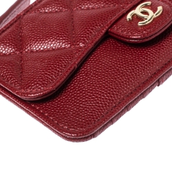 Pre Owned Chanel Maroon Quilted Caviar Leather Classic Zip Flap Card Holder 