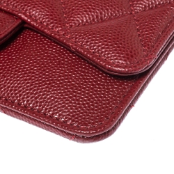 Pre Owned Chanel Maroon Quilted Caviar Leather Classic Zip Flap Card Holder 