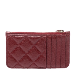 Pre Owned Chanel Maroon Quilted Caviar Leather Classic Zip Flap Card Holder 