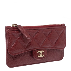 Pre Owned Chanel Maroon Quilted Caviar Leather Classic Zip Flap Card Holder 