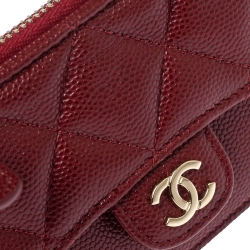 Pre Owned Chanel Maroon Quilted Caviar Leather Classic Zip Flap Card Holder 