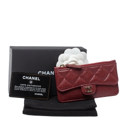 Pre Owned Chanel Maroon Quilted Caviar Leather Classic Zip Flap Card Holder 