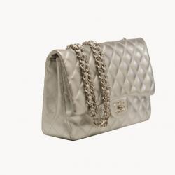 Pre Owned Chanel Lambskin Silver Jumbo Flap Bag