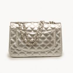 Pre Owned Chanel Lambskin Silver Jumbo Flap Bag