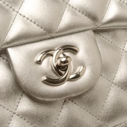 Pre Owned Chanel Lambskin Silver Jumbo Flap Bag