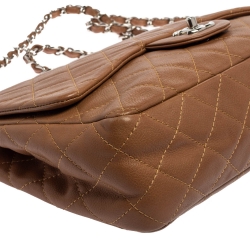 Pre Owned Chanel Tan Quilted Caviar Leather Jumbo Classic Single Flap Bag