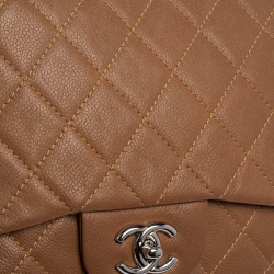 Pre Owned Chanel Tan Quilted Caviar Leather Jumbo Classic Single Flap Bag
