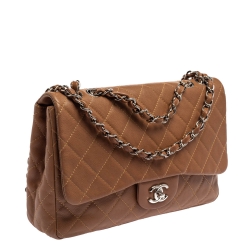 Pre Owned Chanel Tan Quilted Caviar Leather Jumbo Classic Single Flap Bag