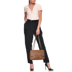 Pre Owned Chanel Tan Quilted Caviar Leather Jumbo Classic Single Flap Bag