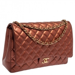 Pre Owned حقيبة شانيل ماكسي كلاسيك قلاب مزدوج جلد مبطن نحاسي ميتاليك