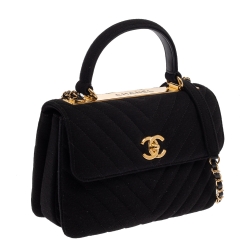 Pre Owned Chanel Black Chevron Jersey Small Trendy CC Flap Top Handle Bag