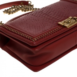 Pre Owned Chanel Red Python New Medium Boy Flap Top Handle Bag
