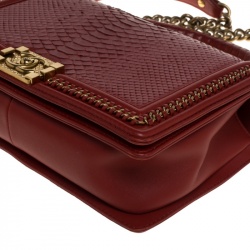 Pre Owned Chanel Red Python New Medium Boy Flap Top Handle Bag