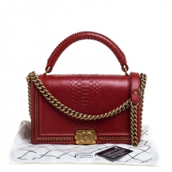Pre Owned Chanel Red Python New Medium Boy Flap Top Handle Bag