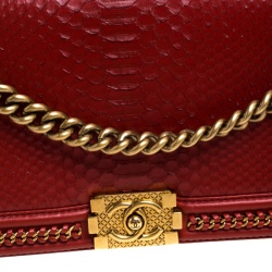 Pre Owned Chanel Red Python New Medium Boy Flap Top Handle Bag