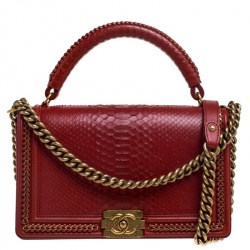 Pre Owned Chanel Red Python New Medium Boy Flap Top Handle Bag