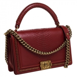 Pre Owned Chanel Red Python New Medium Boy Flap Top Handle Bag