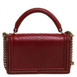 Pre Owned Chanel Red Python New Medium Boy Flap Top Handle Bag