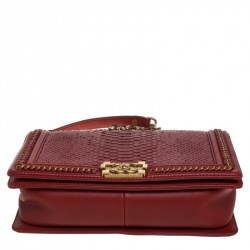 Pre Owned Chanel Red Python New Medium Boy Flap Top Handle Bag