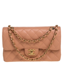 Chanel Peach Quilted Caviar Leather Small Classic Double Flap Bag