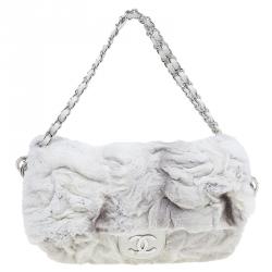 Pre Owned Chanel White Rabbit Fur and Leather Flap Bag