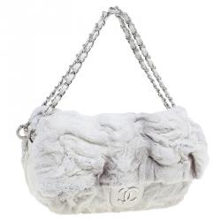 Pre Owned Chanel White Rabbit Fur and Leather Flap Bag