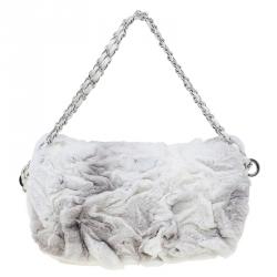 Pre Owned Chanel White Rabbit Fur and Leather Flap Bag