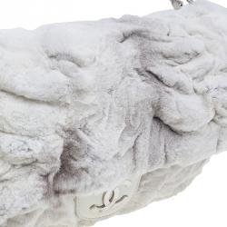 Pre Owned Chanel White Rabbit Fur and Leather Flap Bag