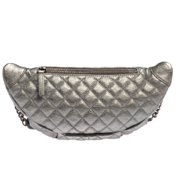 Pre Owned Chanel Metallic Grey Quilted Leather Banane Waist Bag