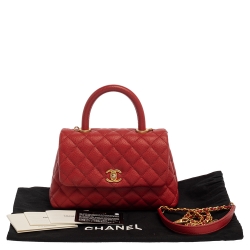 Pre Owned Chanel Orange Quilted Caviar Leather Mini Coco Top Handle Bag