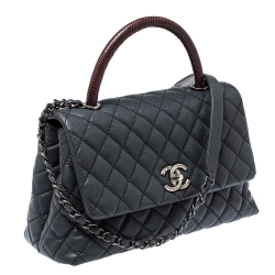Pre Owned Chanel Grey/Burgundy Caviar Leather and Lizard Medium Coco Top Handle Bag