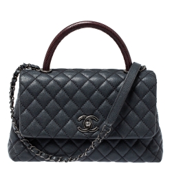 Pre Owned Chanel Grey/Burgundy Caviar Leather and Lizard Medium Coco Top Handle Bag