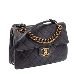 Pre Owned Chanel Grey Quilted Caviar Leather`Chain Top Handle Bag