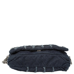 Pre Owned Chanel Blue Quilted Denim Flap Triple Chain Shoulder Bag