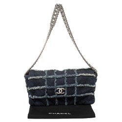 Pre Owned Chanel Blue Quilted Denim Flap Triple Chain Shoulder Bag